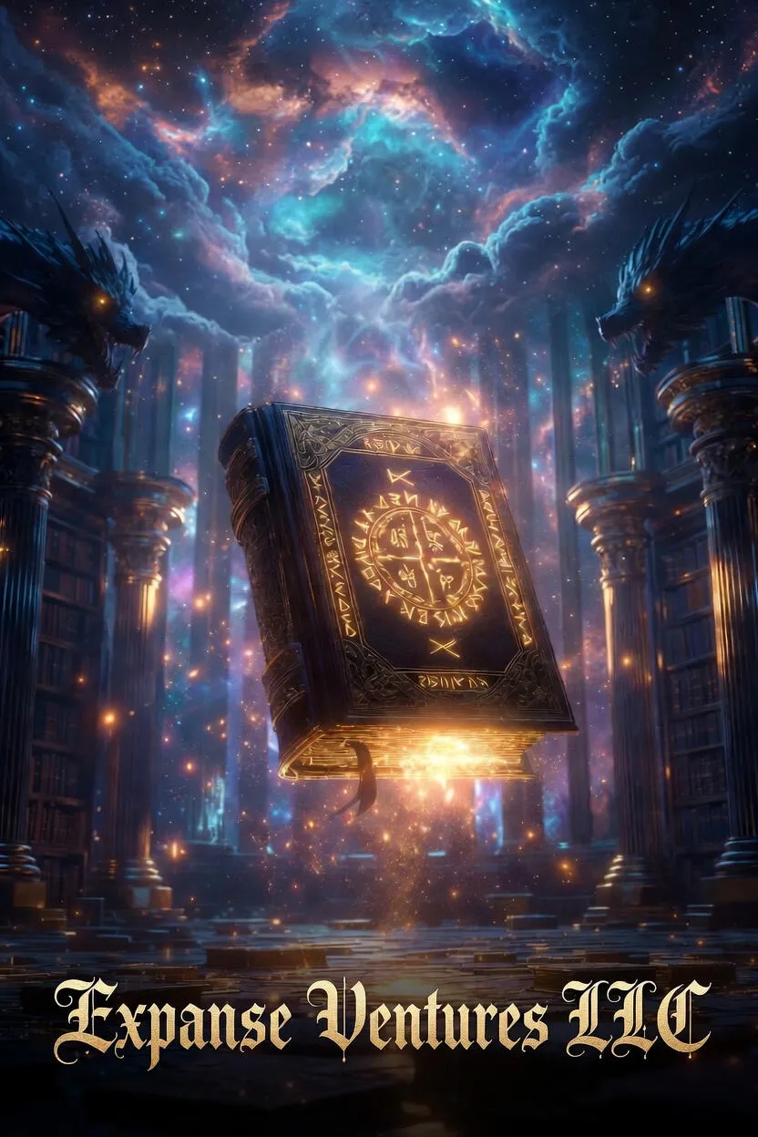 Glowing world-builder tome surrounded by cosmic light